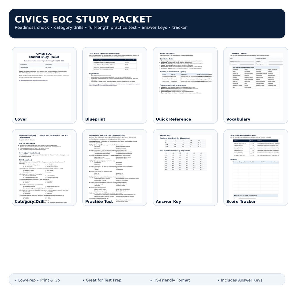 Civics Test Prep Printable | 42-Page Study Packet | Practice Test, Drills, Answer Keys