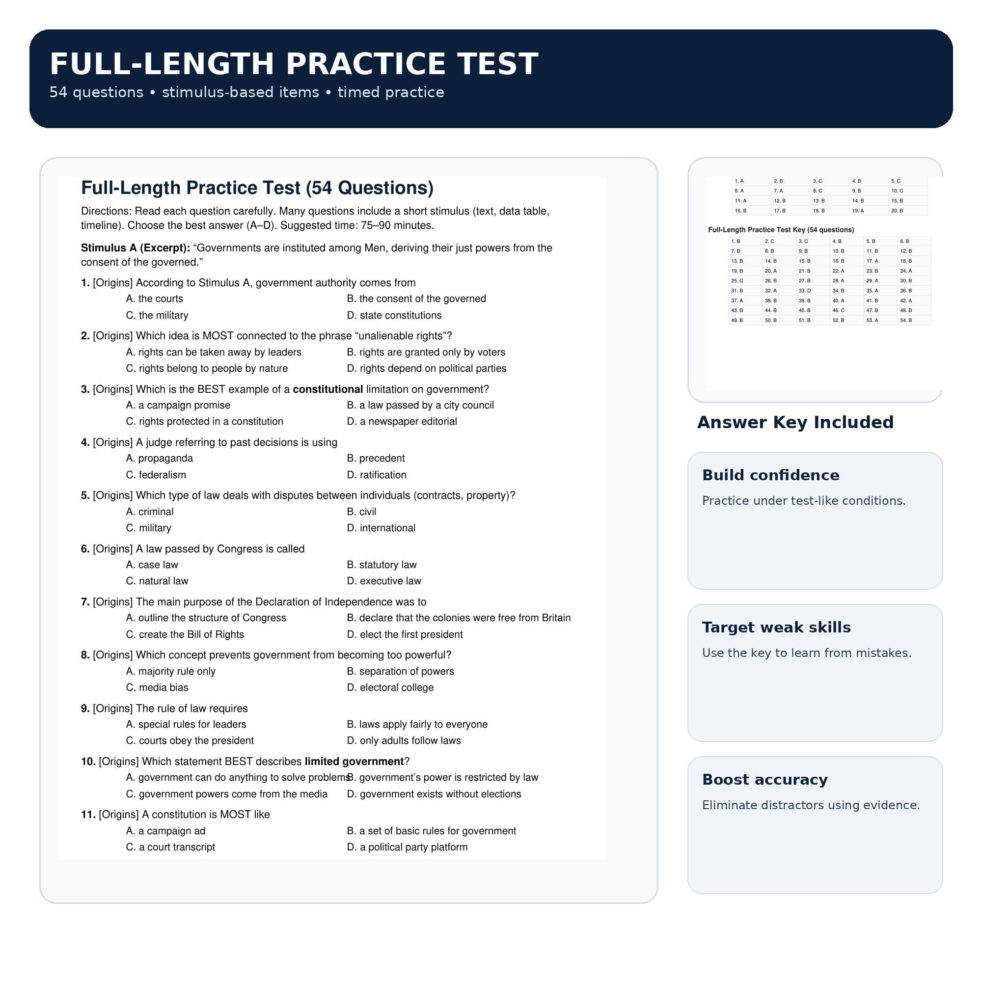 Civics Test Prep Printable | 42-Page Study Packet | Practice Test, Drills, Answer Keys