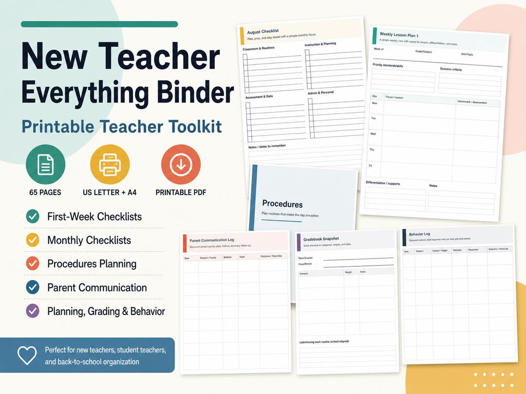 New Teacher Everything Binder | Printable Checklists, Procedures, Parent Communication + Planning Templates (PDF - Letter & A4)