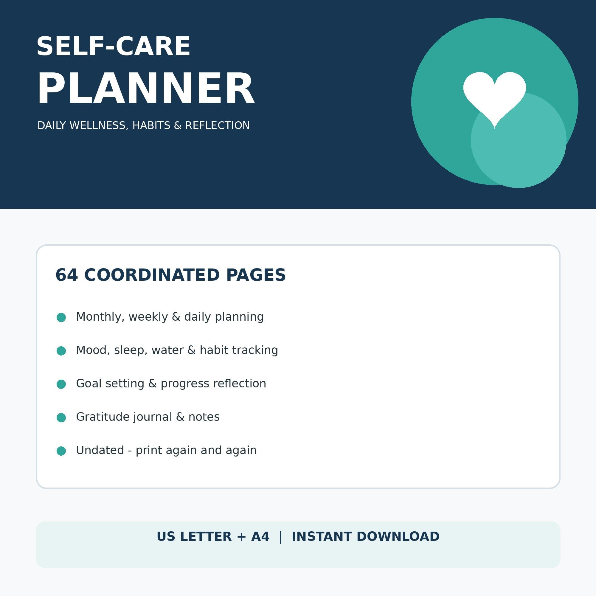 Self-Care Planner | Daily Wellness, Habits, Goals (US Letter, A4) (Digital Download)
