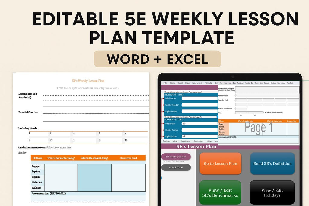 5E Lesson Plan Template (Editable Weekly Planner + Macro-Enabled Excel Tool + Word) | Standards-Based Planning
