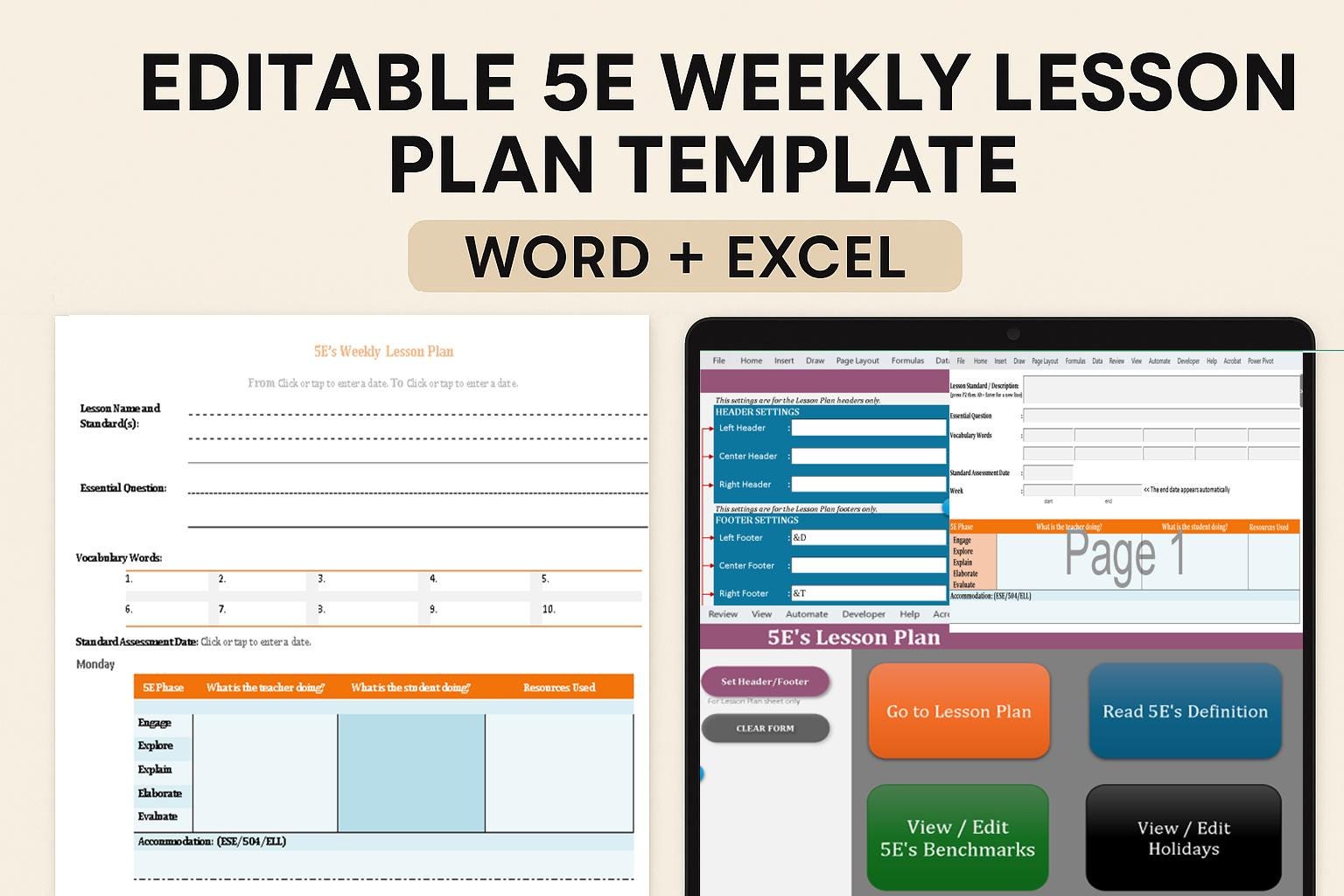 5E Lesson Plan Template (Editable Weekly Planner + Macro-Enabled Excel Tool + Word) | Standards-Based Planning