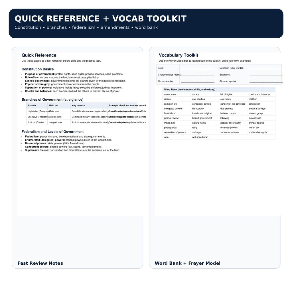 Civics Test Prep Printable | 42-Page Study Packet | Practice Test, Drills, Answer Keys
