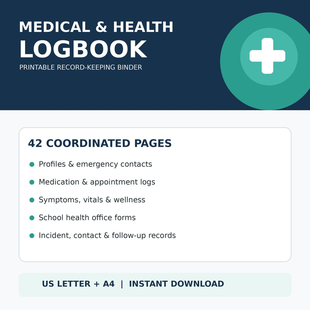 Printable Medical Logbook | Health Binder, Symptom, Appointment Tracker (US Letter + A4)