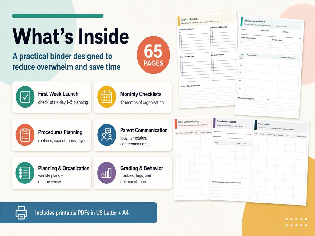 New Teacher Everything Binder | Printable Checklists, Procedures, Parent Communication + Planning Templates (PDF - Letter & A4)