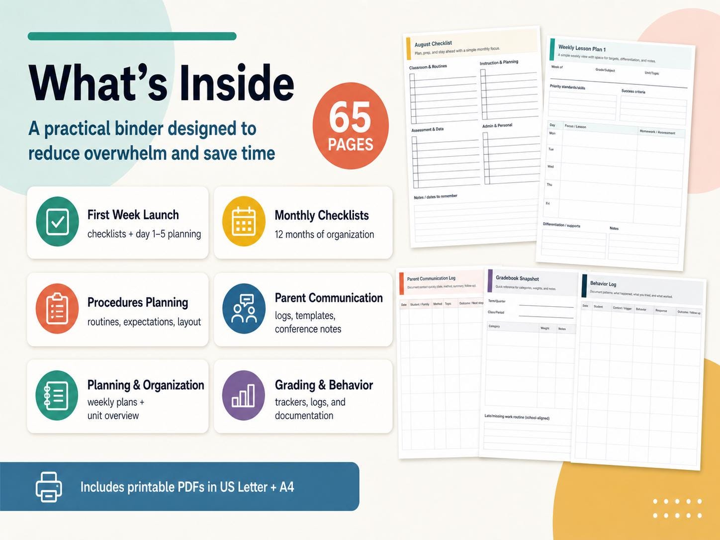 New Teacher Everything Binder | Printable Checklists, Procedures, Parent Communication + Planning Templates (PDF - Letter & A4)