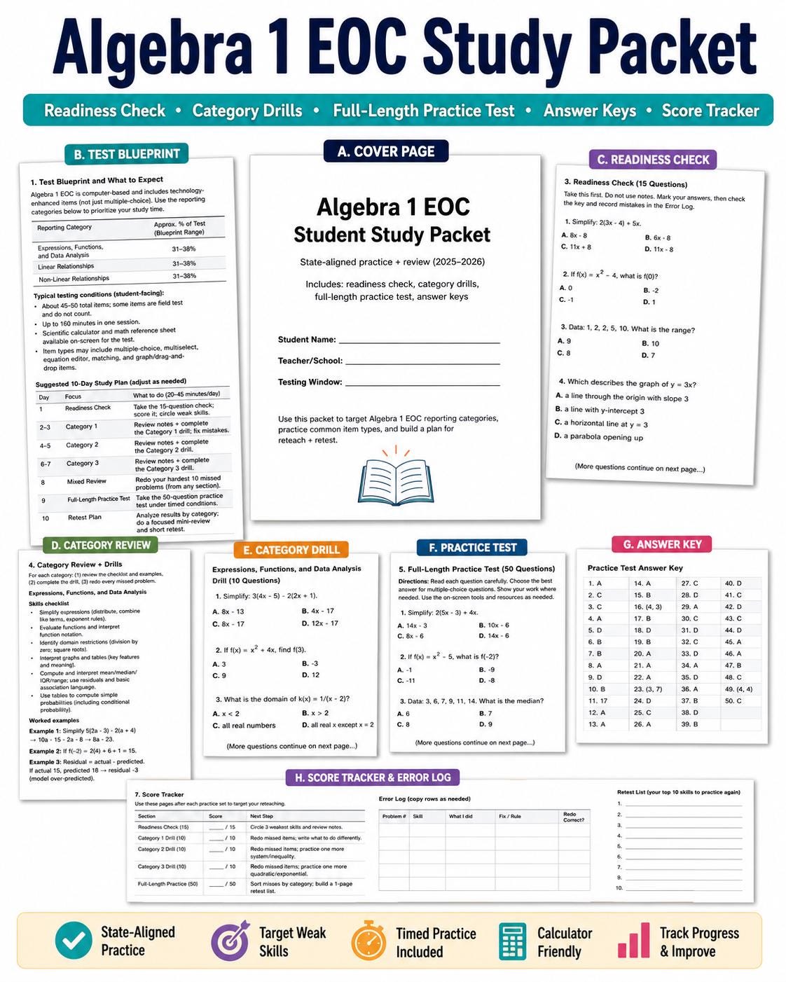 Algebra EOC Study Packet | Readiness Check + Drills + Full-Length Practice Test | Answer Keys | Printable PDF